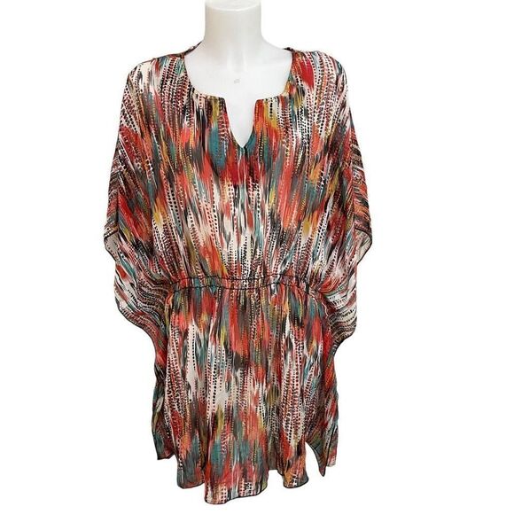 SUSAN LAWRENCE WOMAN Ikat Multicolored print Chiffon ￼Coverup‎ Top sz 2X - Picture 1 of 9